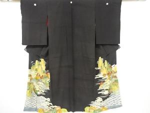 アンティーク　錦紗寺院に鶴・風景模様刺繍留袖